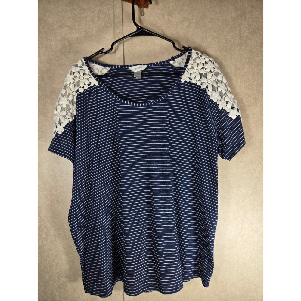 CJ Banks Navy Blue White Striped Short Sleeve Lace Shoulder Top Plus Size 2X